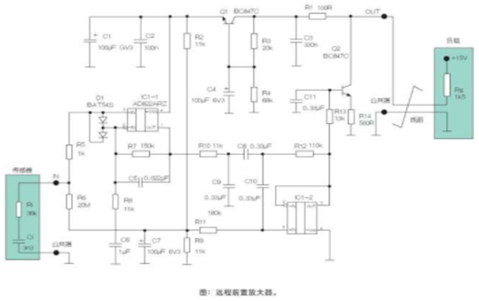 Based on the AD822ARZ single power supply operational amplifier, the remote sensor preamplifier circuit is designed.
